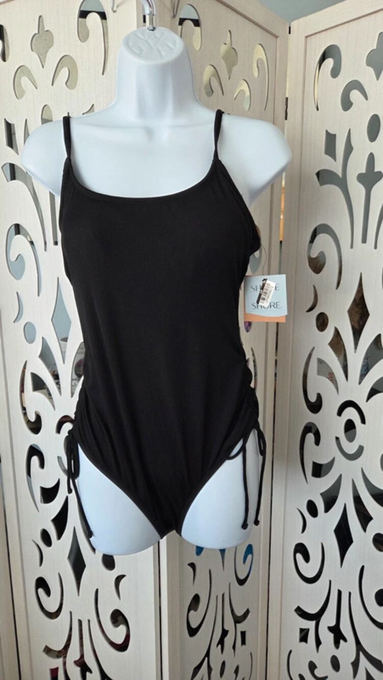 Shade & Shore Black Ribbed One Piece Swimsuit M 8-10 Side Tie Adjustable NWT